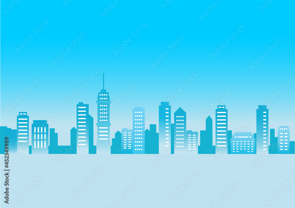 都市の背景　青　フラットイラスト　建物　都会　シルエット