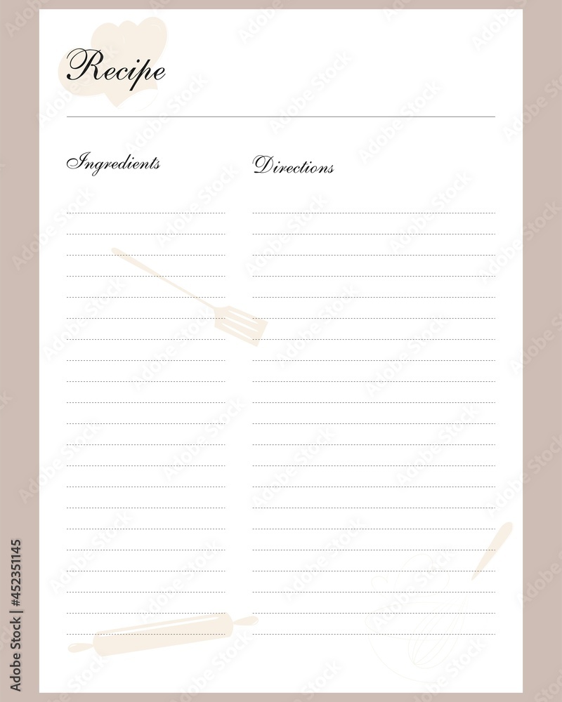 Modern Recipe page template for cookbook with pastel elements. Vector ...
