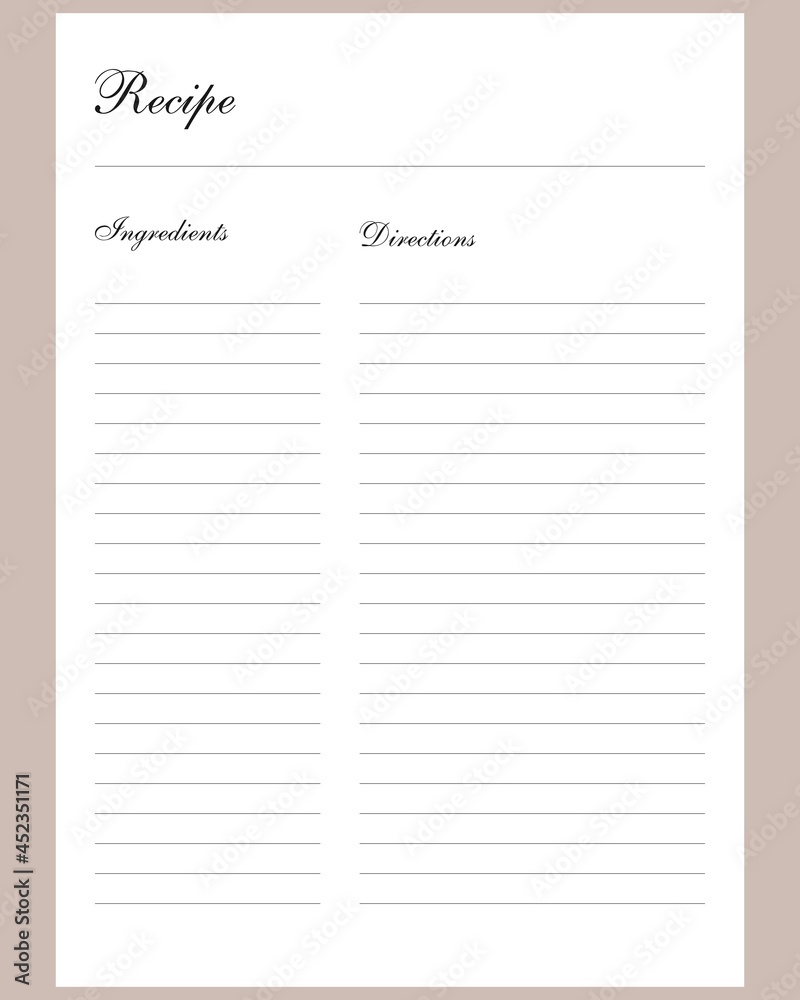 Modern Recipe page template for cookbook. Vector Illustration. Printable template. Blank white notebook page A4 Modern Recipe page template for cookbook. Vector Illustration. Printable template. Blank white notebook page A4