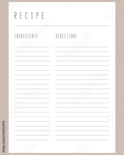 Modern Recipe page template for cookbook. Vector Illustration. Printable template.  Blank white notebook page A4