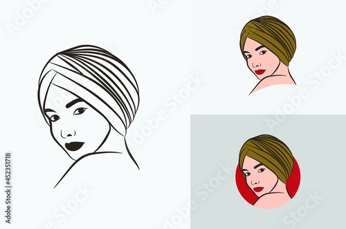 Beautiful Turban women hand drawn logo Set Cute hand drawn vector illustration face of a girl with turban line art 