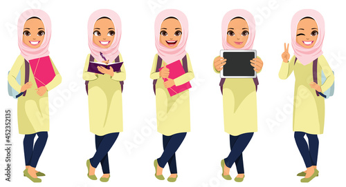 Collection of different pose Muslim teenager girl student