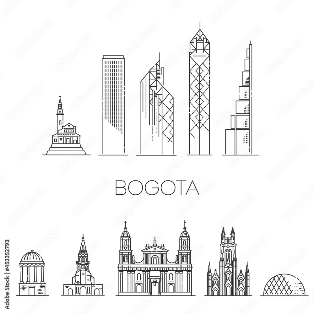 Bogota architecture line skyline illustration. Linear vector cityscape with famous landmarks