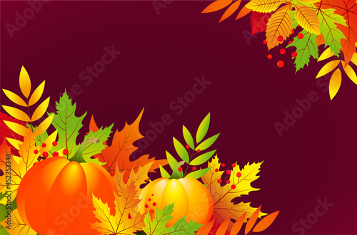 Autumn vector background with leaves and pumpkins for banner 