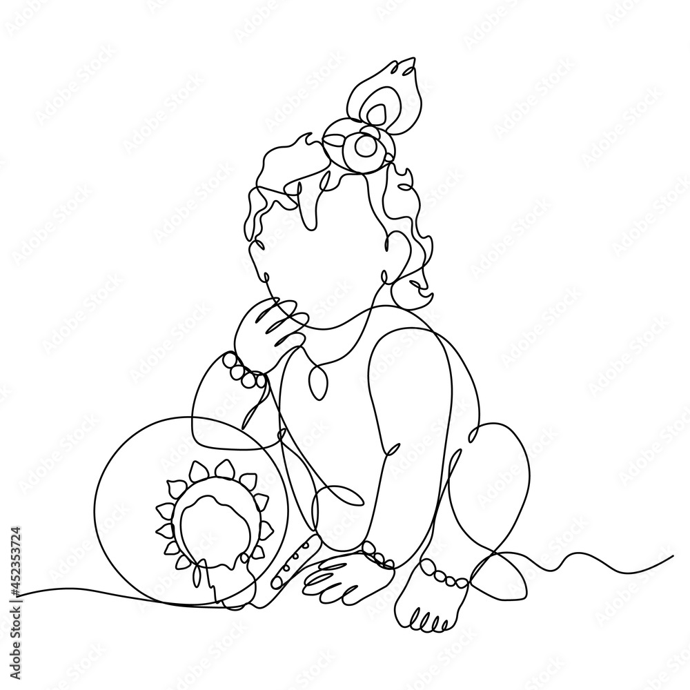 Premium Vector | Drawing of sketch of lord little krishna standing with  butter pots vector illustration of kid