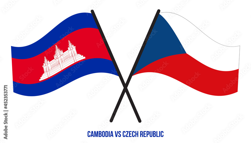 Cambodia and Czech Republic Flags Crossed And Waving Flat Style. Official Proportion. Correct Colors