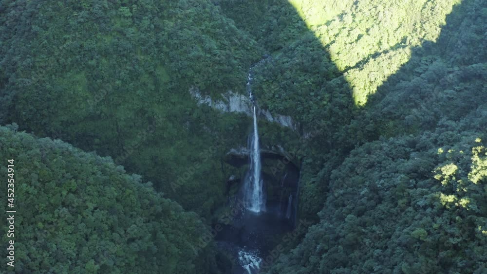 Aerial view of Cascata do Poco do Bacalhau, a beautiful waterfall in Faja Grande, Azores islands, Portugal.