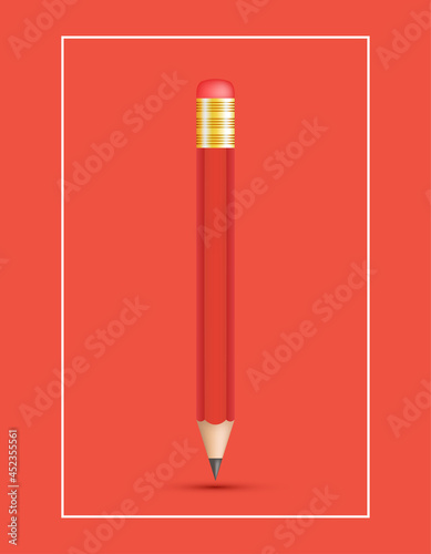 Red pencil with eraser on the red background. Sharpened graphite pencil. Stationery vector illustration