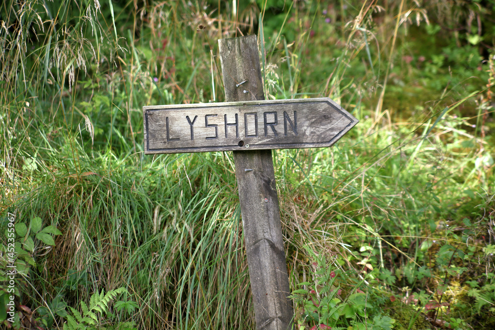 Sign at hiking path Lyshorn in Norway. Lysekloster. Sign at hiking path Lyshorn in Norway. Lysekloster.