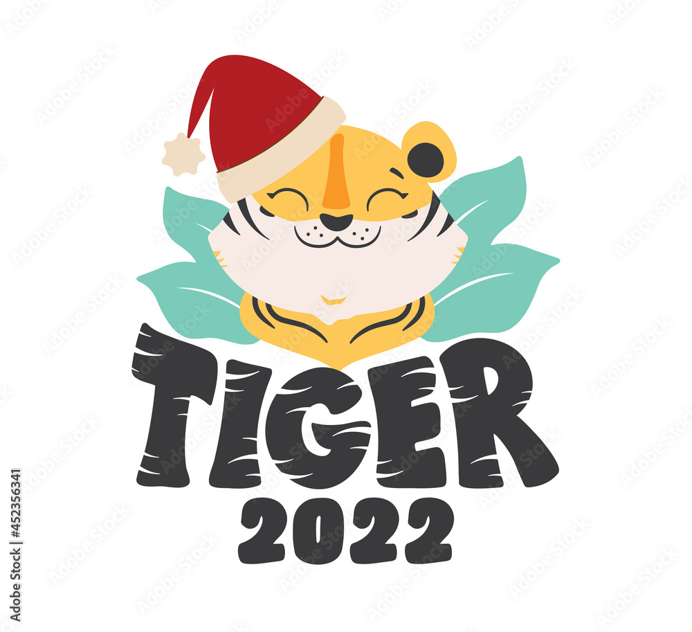 The image with tiger head and phrase 2022. The funny wild animal in hat Santa is good for Christmas designs, holiday cards. The vector illustration