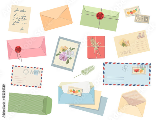 Envelopes and letters. Postcard, Mail paper with postmark, franking mark. Handmade envelope, wax sealing and postage stamp, vector icons set