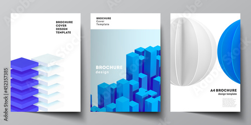 Vector layout of A4 cover mockups templates for brochure, flyer layout, booklet, cover design, book design. 3d render vector composition with dynamic realistic geometric blue shapes in motion.