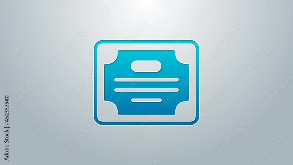 Blue line Certificate template icon isolated on grey background. Achievement, award, degree, grant, diploma concepts. 4K Video motion graphic animation