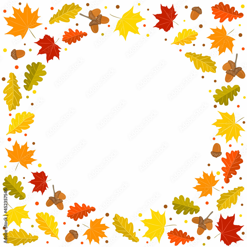 Autumn round frame made from hand-drawn foliage. Yellow and orange leaves of maple and oak, oak acorns. Template or blank for fall decor. Vector illustration. Autumn round frame made from hand-drawn foliage. Yellow and orange leaves of maple and oak, oak acorns. Template or blank for fall decor. Vector illustration.