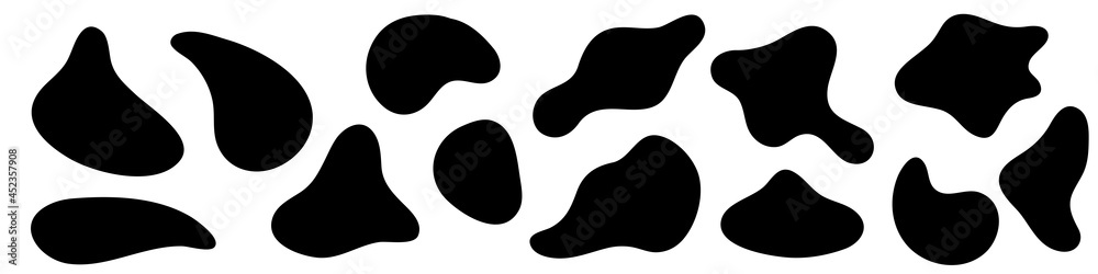 Irregular amorphous liquid shapes, black organic fluid blot, simple ink stain isolated on white background. Flat style design, vector illustration. Template elements for banner. - obrazy, fototapety, plakaty 