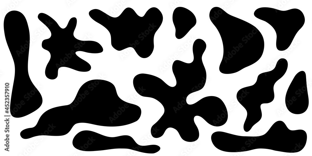 Irregular amorphous blob shapes, liquid amoeba asymmetric forms. Black ink puddle splash, fluid stain isolated on white background. Vector illustration Irregular amorphous blob shapes, liquid amoeba asymmetric forms. Black ink puddle splash, fluid stain isolated on white background. Vector illustration