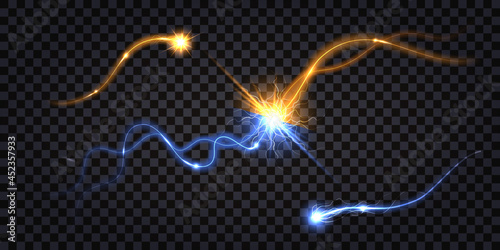 Electric discharge collision  blue vs yellow lightning thunder bolt. Glowing trail , electric shock light flash. Power, technology, impulse wire isolated.  Vector illustration. © Amarylle