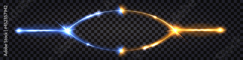 Electric discharge collision; blue vs yellow lightning thunder bolt. Glowing electric shock effect; light flash. Power battle with impulse line wire. Vector illustration