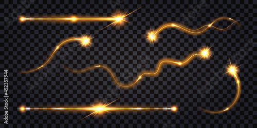 Ekectric discharge shock effect. Golden light swirl and flash with glowing luminous trail. Electrical thunder sparkling bolt , isolated wire lines on transparent background. Vector illustration