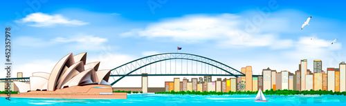 Sydney city landscape panorama. Australian city of Sydney. Sea. Bridge over the bay. Blue sky with clouds. City landscape