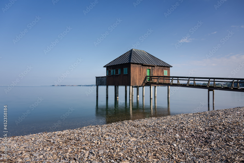 Old wooden bathhouse at Bodensee lake shore (Constance lake) Bregenz, Austria, Europe