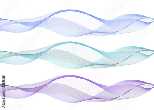 Abstract wave swoosh, blue,teal and purple color flow. Air waves with transparent veil texture, undulate curves and swirl,s for design, isolated don white background. Vector illustration.