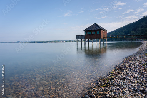 Old wooden bathhouse at Bodensee lake shore (Constance lake) Bregenz, Austria, Europe photo