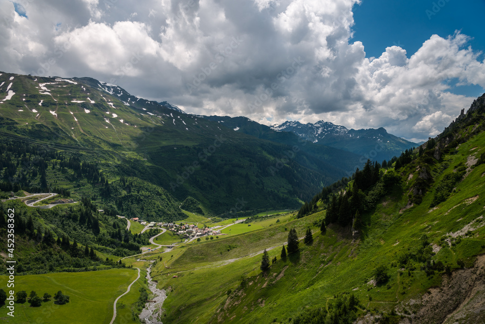 Alpine green landscape in Stuben am Arlberg, ski resort, Vorarlberg, Austria