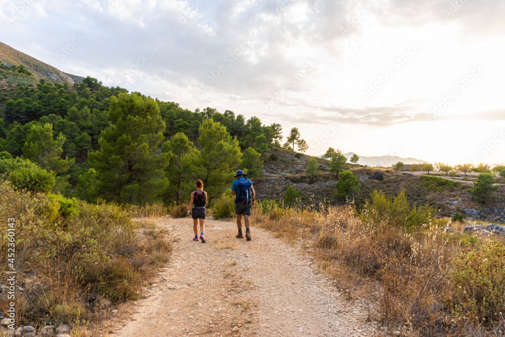 Woman and man hikers equipped with backpacks, walking along a dirt track, surrounded by nature, on a sunny afternoon.