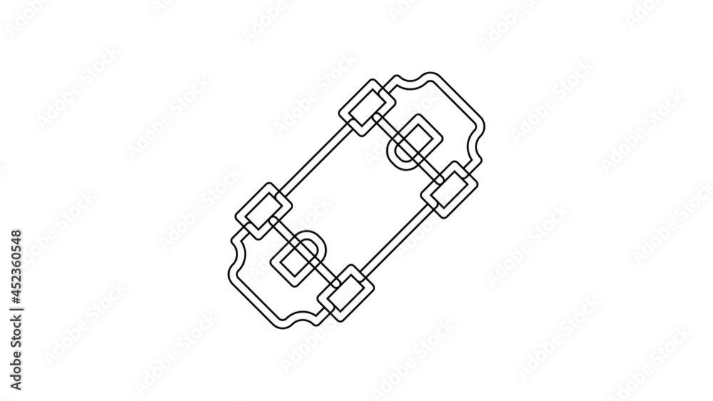 Black line Skateboard icon isolated on white background. Extreme sport. Sport equipment. 4K Video motion graphic animation Black line Skateboard icon isolated on white background. Extreme sport. Sport equipment. 4K Video motion graphic animation