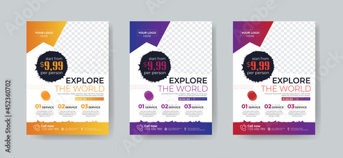 Travel flyer template design with contact and venue details. Summer travel agency promotion design template.