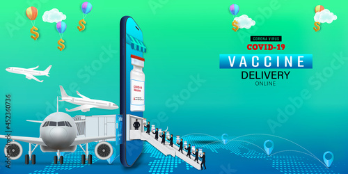 Vaccine on Mobile Application , Covid-19 vaccine Online on Website or smartphone as protection, healthcare concept, Vector illustration.