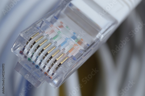 connector of a network cable rg 45. close-up.