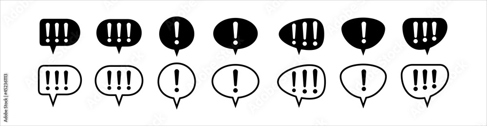 Exclamation mark inside bubble chat icon vector set. Black color. Warning attention signs set complete collection. Important or caution symbol illustration. Exclamation mark inside bubble chat icon vector set. Black color. Warning attention signs set complete collection. Important or caution symbol illustration.