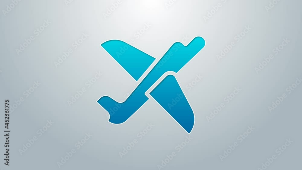 Blue line Toy plane icon isolated on grey background. Flying airplane icon. Airliner sign. 4K Video motion graphic animation