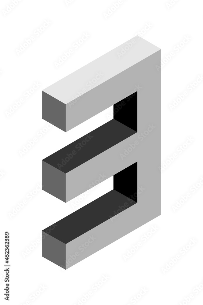 Gray number 3 in isometric style. Isolated on white background. Learning numbers, serial number, price, place. Gray number 3 in isometric style. Isolated on white background. Learning numbers, serial number, price, place.