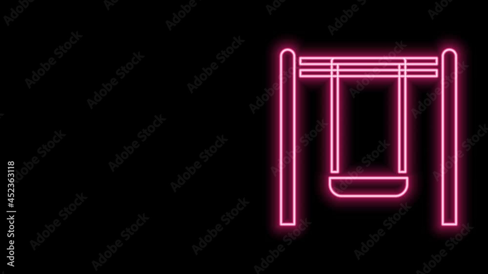Glowing neon line Swing for kids summer games on playground icon isolated on black background. Outdoor entertainment equipment. 4K Video motion graphic animation Glowing neon line Swing for kids summer games on playground icon isolated on black background. Outdoor entertainment equipment. 4K Video motion graphic animation