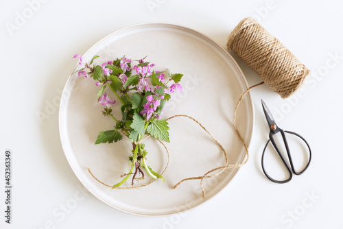 Closeup of Lamium amplexicaule, commonly known as common henbit, or greater henbit, earthenware plate on white table background. Floral composition, feminine styled stock image. A place for your text. photo