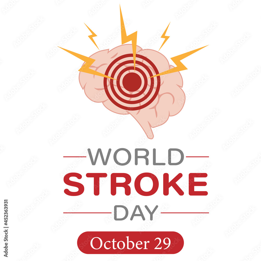 Vector illustration of the World Stroke Day. A company in the field of healthcare. A human brain icon with lightning bolts and text on a white background Vector illustration of the World Stroke Day. A company in the field of healthcare. A human brain icon with lightning bolts and text on a white background