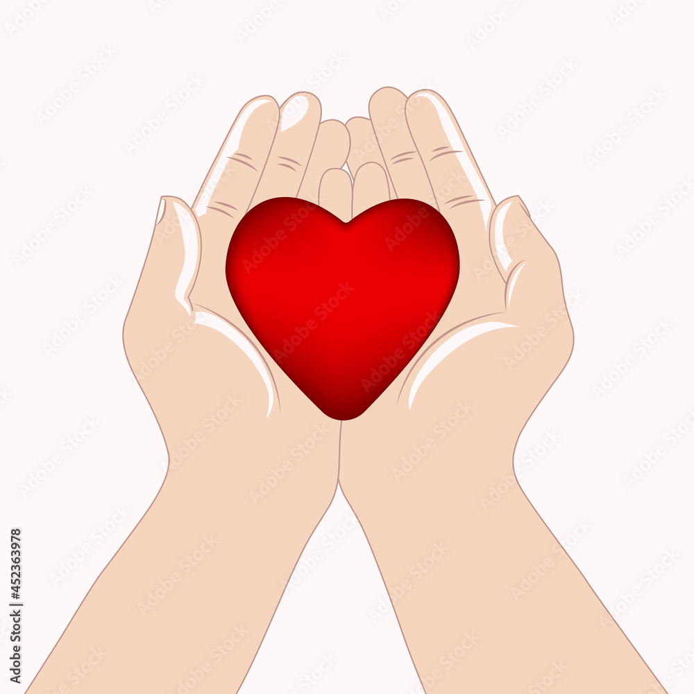 The hands hold a red heart. Health, charity, the concept of life. World Heart Day, World Health Day. Useful and caring hands, a sign of kindness and mercy, a donation and a symbol of love. White backg The hands hold a red heart. Health, charity, the concept of life. World Heart Day, World Health Day. Useful and caring hands, a sign of kindness and mercy, a donation and a symbol of love. White backg