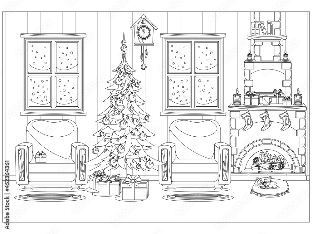 Fototapeta premium Coloring book for kids and adults in the form of a vector room prepared for the celebration of the new year and Christmas.