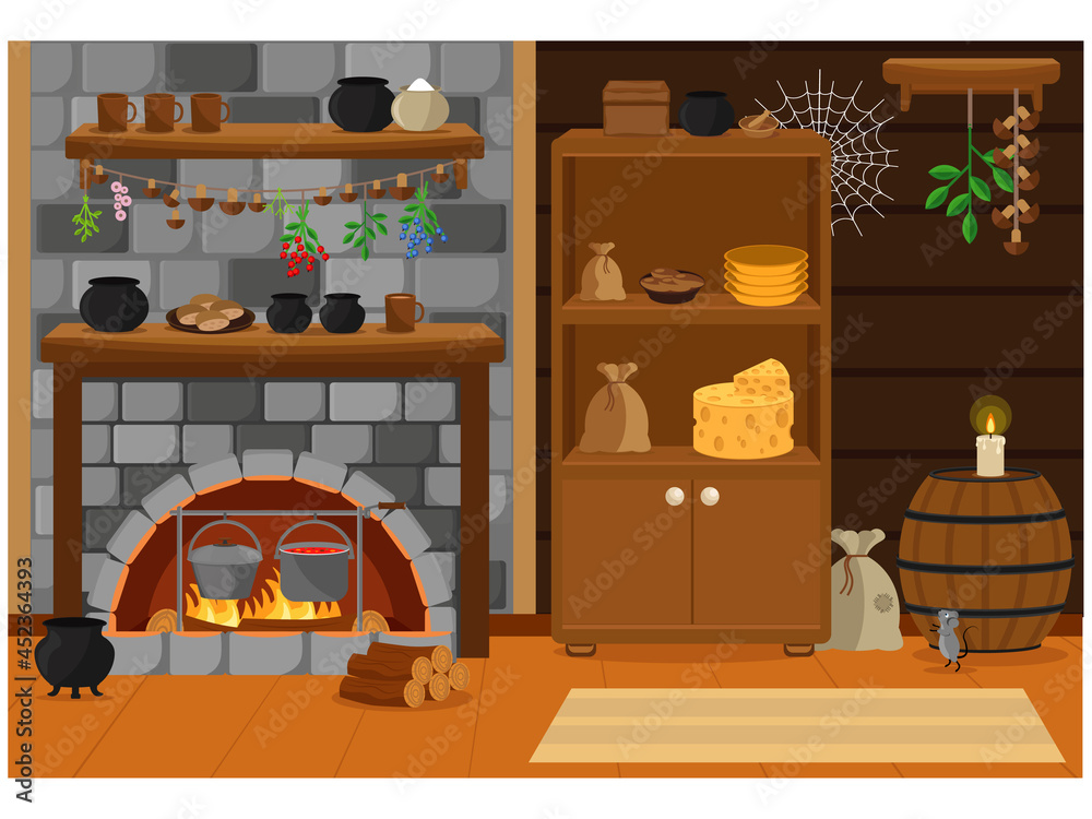 Old kitchen with stone hearth, wardrobe and kitchenware. Vector  illustration, set. Stock Vector | Adobe Stock