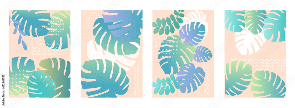 Set of abstract organic posters. Monstera leaves, white silhouettes and wavy lines. Minimalistic collection of backdroup for social networks. Modern vector illustrations isolated on white background