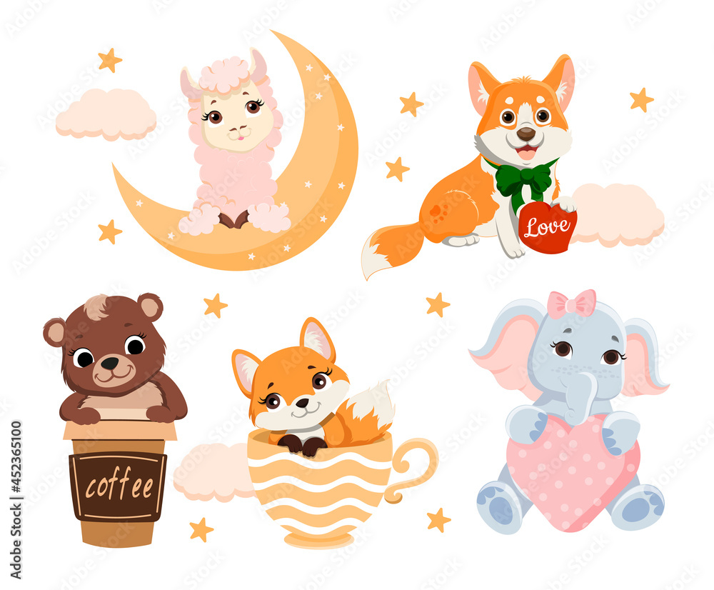Set of Cute Cartoon Animals. Stickers with fox, bear, dog, sheep and elephant. Colorful characters with heart moon and cups. Cartoon flat vector icon collection isolated on a white background