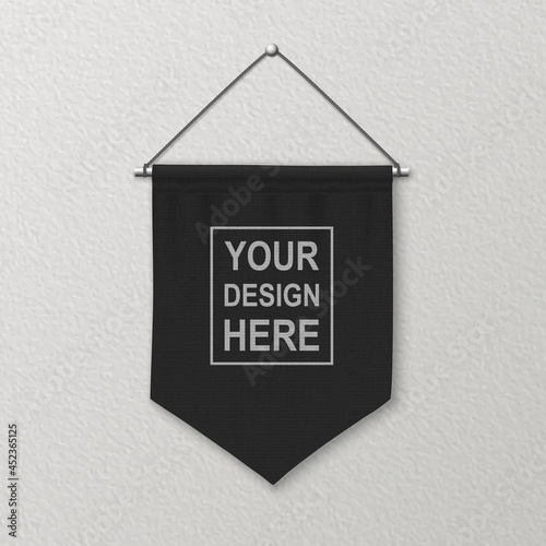 Vector 3d Realistic Blank Black Pennant Wall Hanging, Design Template, Mockup. Linen Pennant Closeup on Textured Wall. Empty Fabric Flag, Advertising Canvas Banner