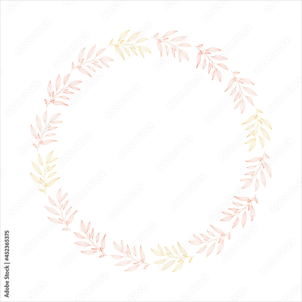 Floral round frame with leaves, wreath minimalist line art, autumn colors clipart