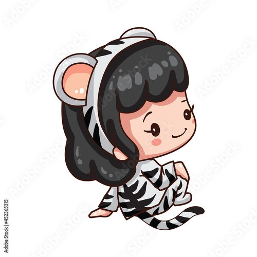 Vector illustration of cute chibi character isolated on white background. Cartoon girl in tiger costume for chinese new year 2022. 