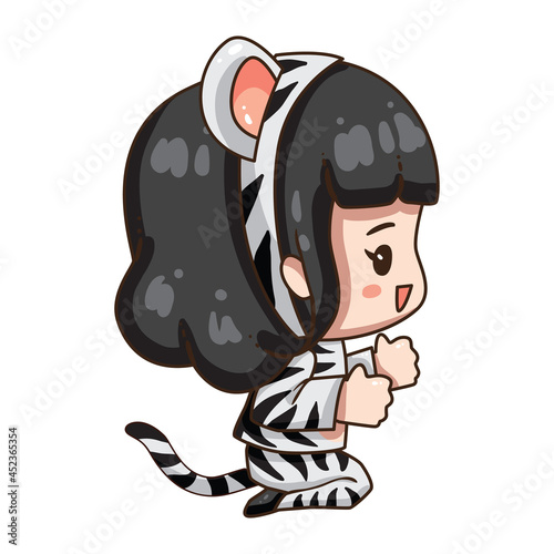 Vector illustration of cute chibi character isolated on white background. Cartoon girl in tiger costume for chinese new year 2022. 