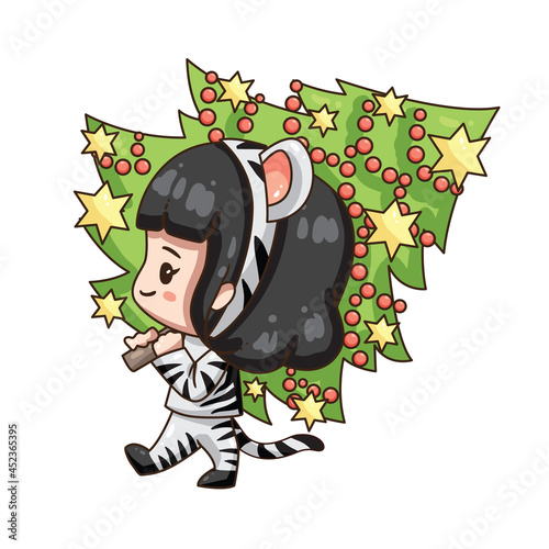 Vector illustration of cute chibi character isolated on white background. Cartoon girl in tiger costume for chinese new year 2022. 