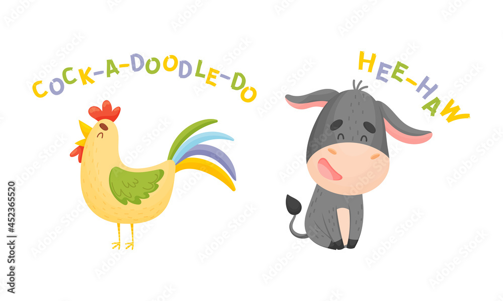 Fototapeta premium Cute baby animals making sounds set. Rooster and donkey saying vector illustration